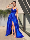 A-Line Princess V-neck Taffeta Ruffles Sleeveless Asymmetrical Blue Prom Dresses
