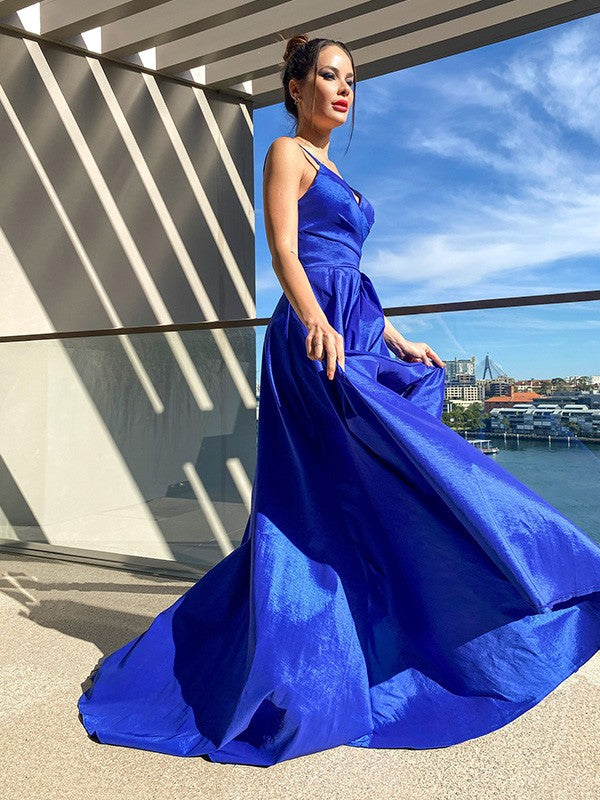 A-Line Princess V-neck Taffeta Ruffles Sleeveless Asymmetrical Blue Prom Dresses