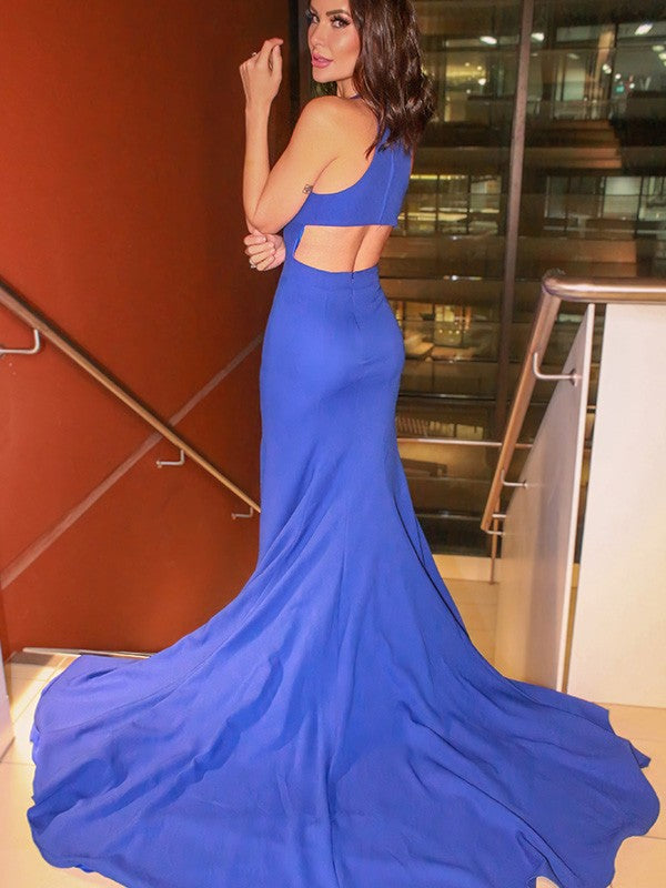 Elastic Woven Satin Halter Sleeveless Ruffles Blue Prom Dresses