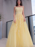 A-Line Princess Spaghetti Straps Applique Sleeveless Tulle Floor-Length Dresses