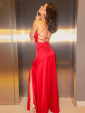 Elastic Woven Satin Spaghetti Straps Floor-Length Ruched Sleeveless Red Prom Dresses