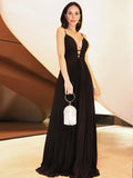 A-Line Princess V-neck Ruffles Chiffon Sleeveless Floor-Length Black Prom Dresses