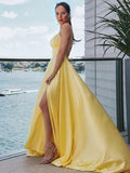 A-Line Princess Spaghetti Straps Elastic Woven Satin Sleeveless Ruffles Prom Dresses