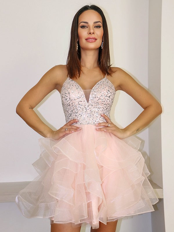 A-Line Princess Spaghetti Straps Organza Beading Sleeveless Short Mini Homecoming Dresses