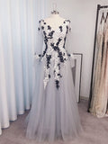 A-Line Princess Tulle Applique V-neck Long Sleeves Floor-Length Prom Dresses