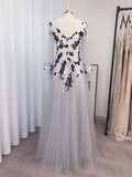 A-Line Princess Tulle Applique V-neck Long Sleeves Floor-Length Prom Dresses