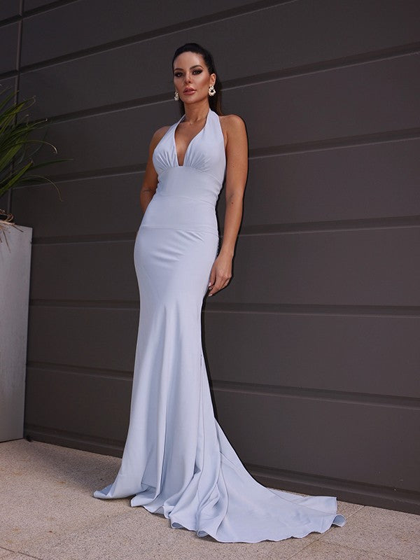 Stretch Crepe Halter Ruched Sleeveless Prom Dresses