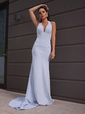 Stretch Crepe Halter Ruched Sleeveless Prom Dresses