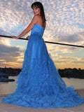 A-Line Princess Strapless Tulle Ruffles Sleeveless Prom Dresses Blue