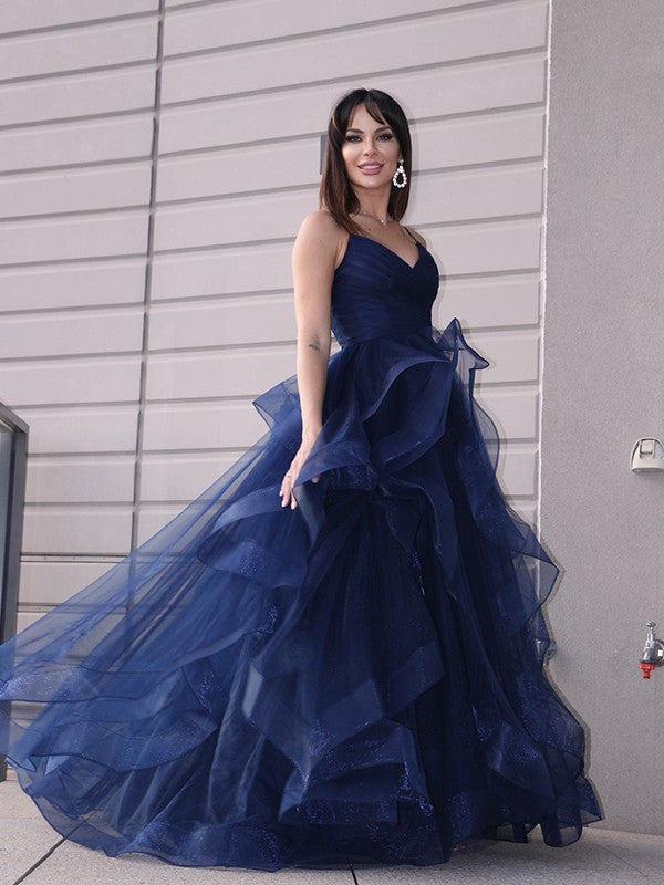 A-Line Princess Tulle Layers V-neck Sleeveless Floor-Length Prom Dresses