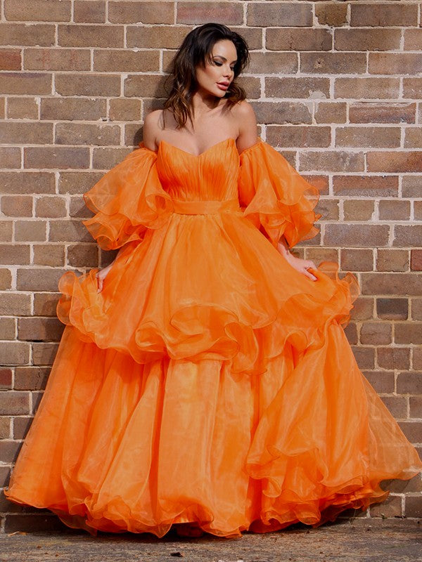 A-Line Princess Organza Off-the-Shoulder Layers Long Sleeves Floor-Length Prom Dresses