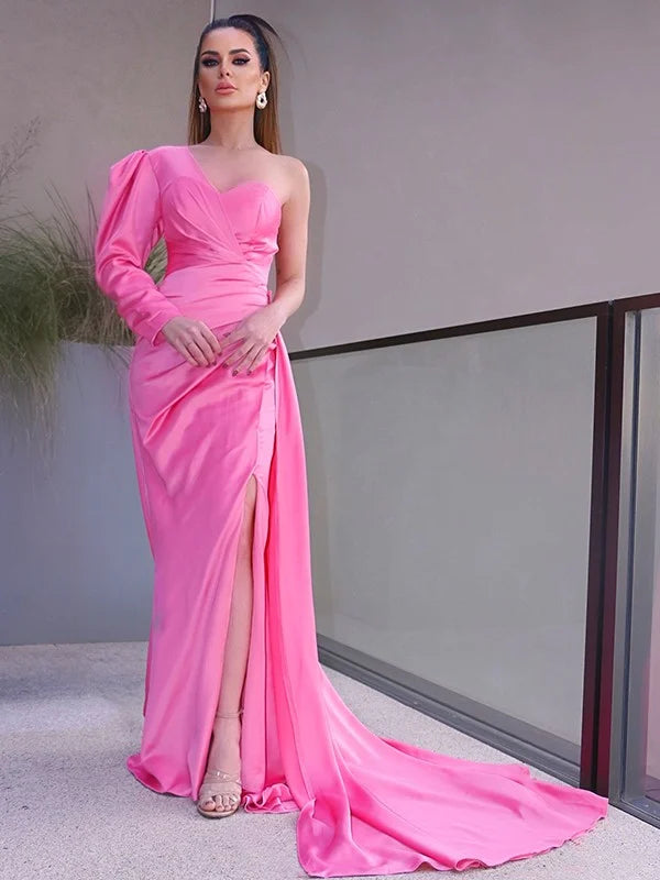 One-Shoulder Long Sleeves Ruched Charmeuse Prom Dresses