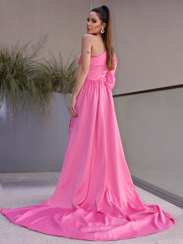 One-Shoulder Long Sleeves Ruched Charmeuse Prom Dresses