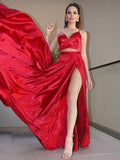 A-Line Princess Elastic Woven Satin Ruffles V-neck Sleeveless  Two Piece Prom Dresses