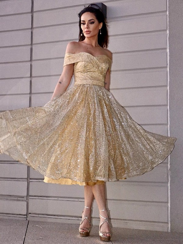 A-Line Princess Ruched Off-the-Shoulder Sleeveless Tea-Length Homecoming Dresses