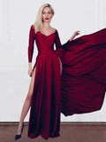 A-Line Princess Jersey Ruched V-neck Long Sleeves Prom Dresses