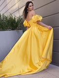 A-Line Princess Satin Ruffles Off-the-Shoulder Short Sleeves Prom Dresses Yellow