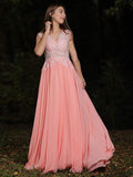 A-Line Princess Chiffon Lace V-neck Sleeveless Prom Dresses