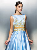 A-Line Party Dress Wedding Guest Tea Length Sleeveless Jewel Neck Satin V Back with Pleats Appliques