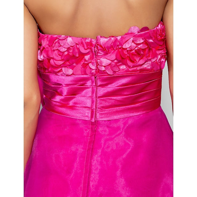 Ball Gown Open Back Dress Cocktail Party Knee Length Sleeveless Sweetheart Organza with Sash / Ribbon Bow(s) Ruched