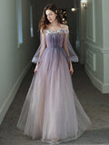 A-Line Minimalist Elegant Party Wear Prom Dress Off Shoulder Long Sleeve Floor Length Tulle with Appliques