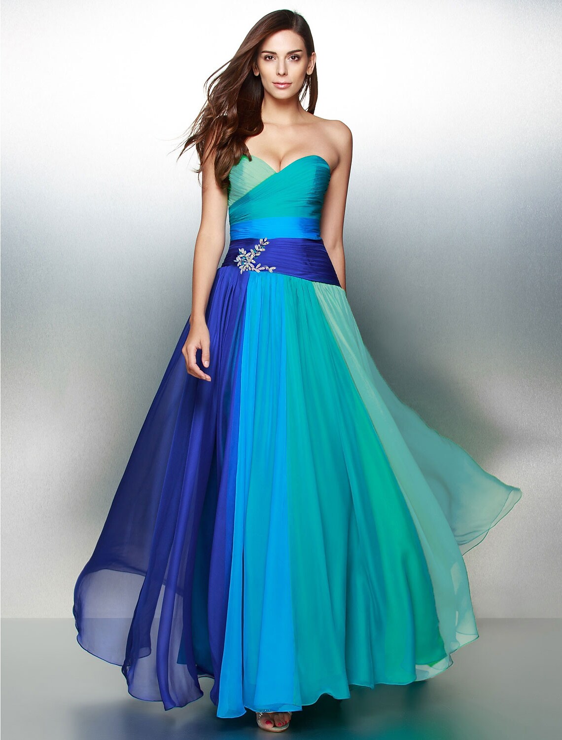 A-Line Color Block Dress Wedding Guest Floor Length Sleeveless Sweetheart Chiffon Backless with Ruched Crystals