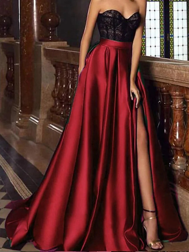 A-Line Evening Gown Vintage Dress Christmas Court Train Sleeveless Sweetheart Pocket Satin with Slit Embroidery Pocket