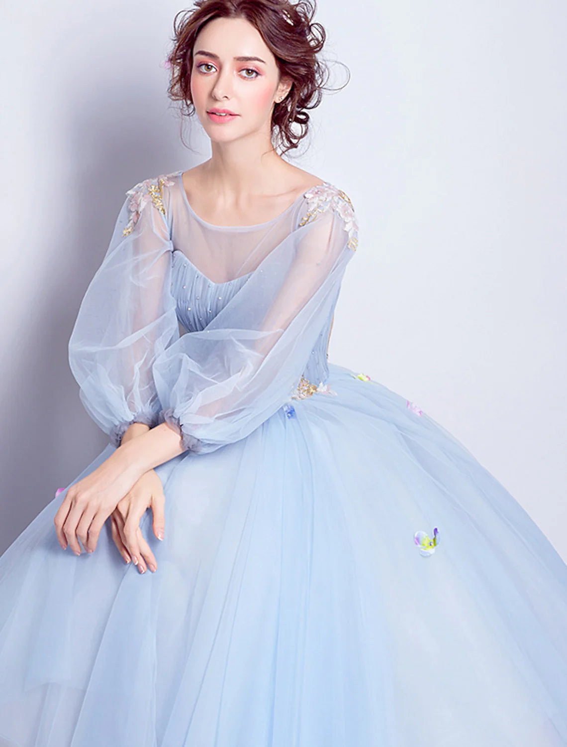 Ball Gown Elegant Floral Puffy Quinceanera Engagement Dress Illusion Neck 3/4 Length Sleeve Floor Length Tulle with Pleats Appliques