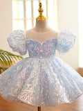 Princess Knee Length Flower Girl Dresses Party Tulle Short Sleeve Jewel Neck with Paillette