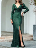 Sheath / Column Sexy Furcal Formal Evening Dress Plunging Neck Long Sleeve Floor Length Sequined with Sequin Split Front