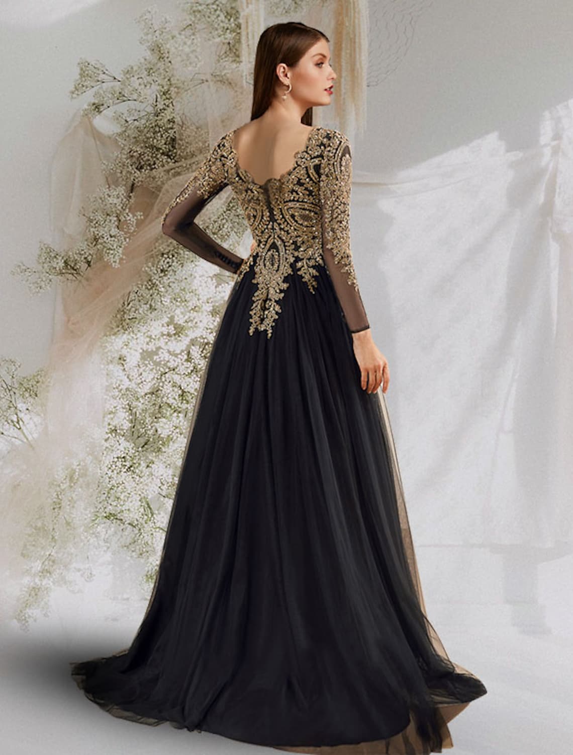 Ball Gown Luxurious Elegant Prom Formal Evening Dress V Neck Long Slee
