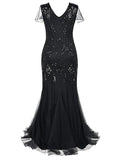 Mermaid / Trumpet Evening Gown Roaring 20s Dress Party Wear Sweep / Brush Train Short Sleeve V Neck Polyester with Crystals Beading Sequin