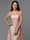 A-Line Floral Dress Wedding Guest Floor Length 3/4 Length Sleeve Illusion Neck Lace with Pattern / Print Appliques