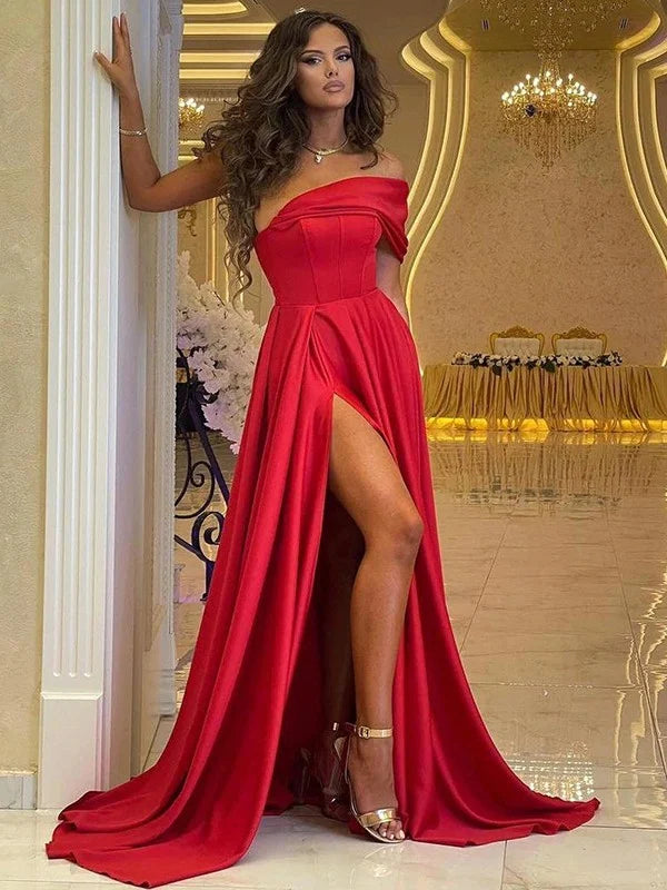 A-Line Princess Stretch Crepe Ruffles One-Shoulder Sleeveless Red Prom Dresses