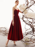A-Line Prom Dresses Beautiful Back Dress Party Wear Ankle Length Sleeveless Spaghetti Strap Velvet with Sleek Pleats