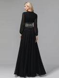 A-Line Evening Dress Celebrity Red Carpet Formal Gown Black Tie Wedding Guest Floor Length Long Sleeve V Neck Chiffon with Sequin