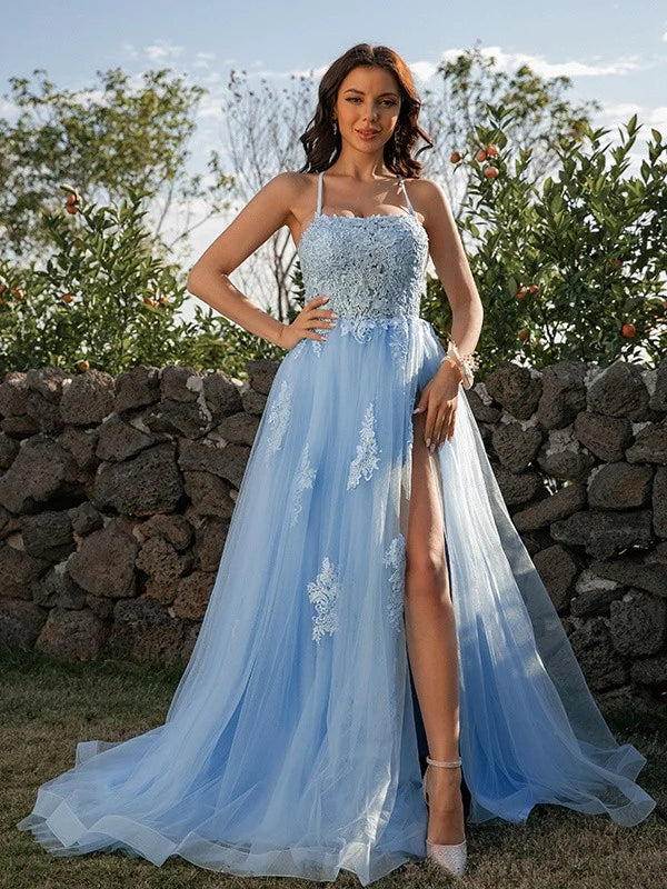 A-Line Princess Tulle Applique Halter Sleeveless Prom Dresses