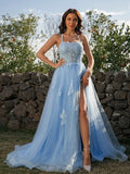 A-Line Princess Tulle Applique Halter Sleeveless Prom Dresses