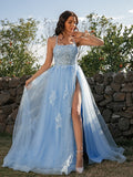 A-Line Princess Tulle Applique Halter Sleeveless Prom Dresses