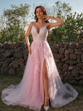 A-Line Princess Tulle Applique V-neck Sleeveless Prom Dresses Pink