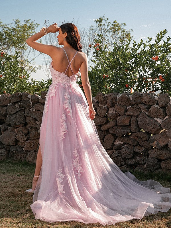 A-Line Princess Tulle Applique V-neck Sleeveless Prom Dresses Pink