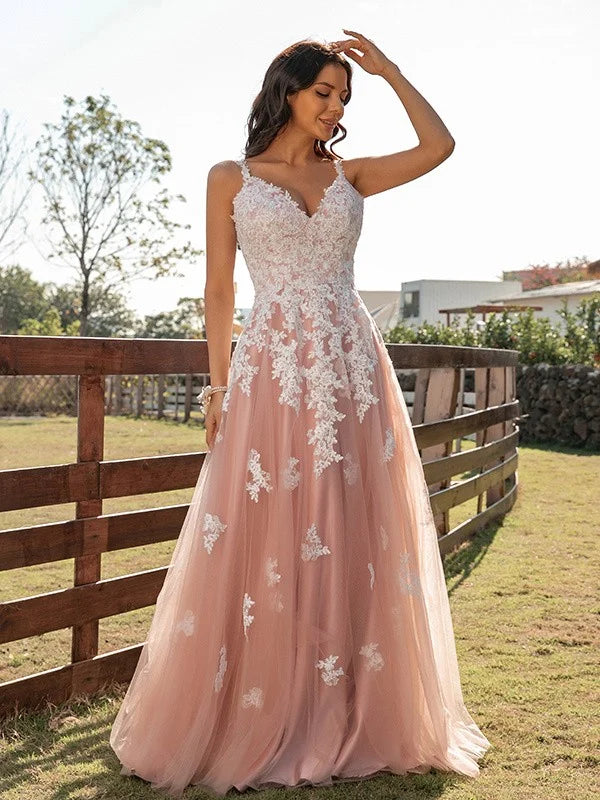 A-Line Princess Tulle Applique V-neck Sleeveless Floor-Length Prom Dresses