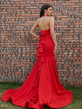 Red Stretch Crepe Ruffles Halter Sleeveless Prom Dresses Long