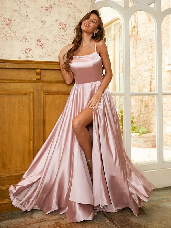 A-Line Princess Silk like Satin Ruffles Spaghetti Straps Sleeveless Prom Dresses