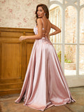 A-Line Princess Silk like Satin Ruffles Spaghetti Straps Sleeveless Prom Dresses