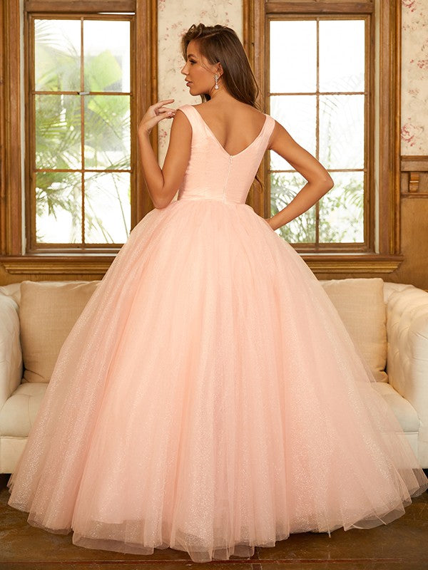 Ball Gown Tulle Ruffles V-neck Sleeveless Floor-Length Prom Dresses