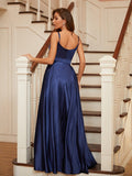A-Line Princess Silk like Satin Ruffles V-neck Sleeveless Floor-Length Prom Dresses