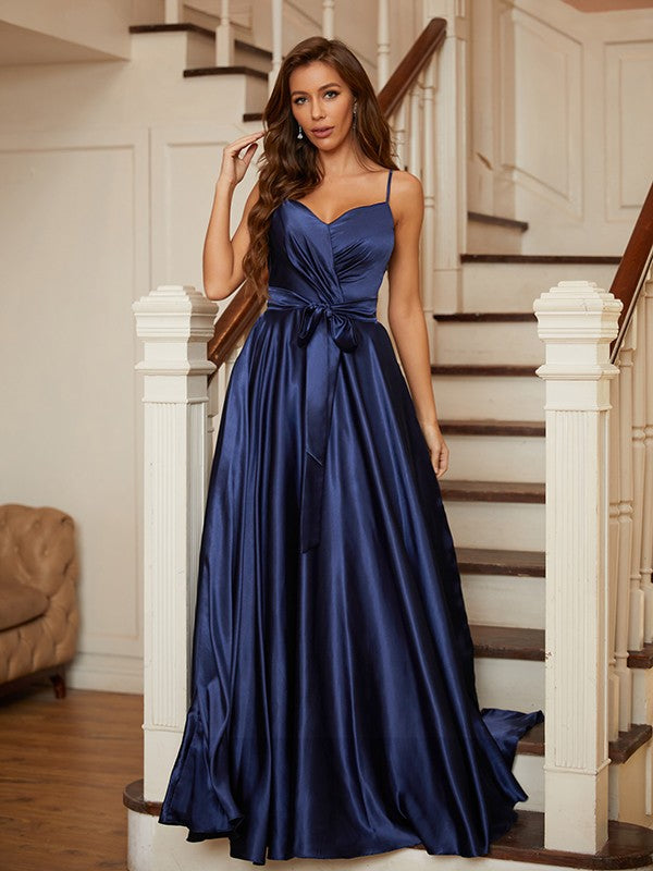 A-Line Princess Silk like Satin Ruffles V-neck Sleeveless Floor-Length Prom Dresses