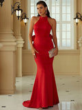 Mermaid / Trumpet Evening Gown Maxi Dress Formal Court Train Sleeveless Halter Polyester with Ruffles