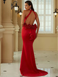 Mermaid / Trumpet Evening Gown Maxi Dress Formal Court Train Sleeveless Halter Polyester with Ruffles